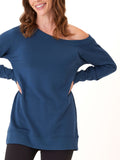 Blue Ohara Feather Fleece sweatshirt with a relaxed off-shoulder neckline.