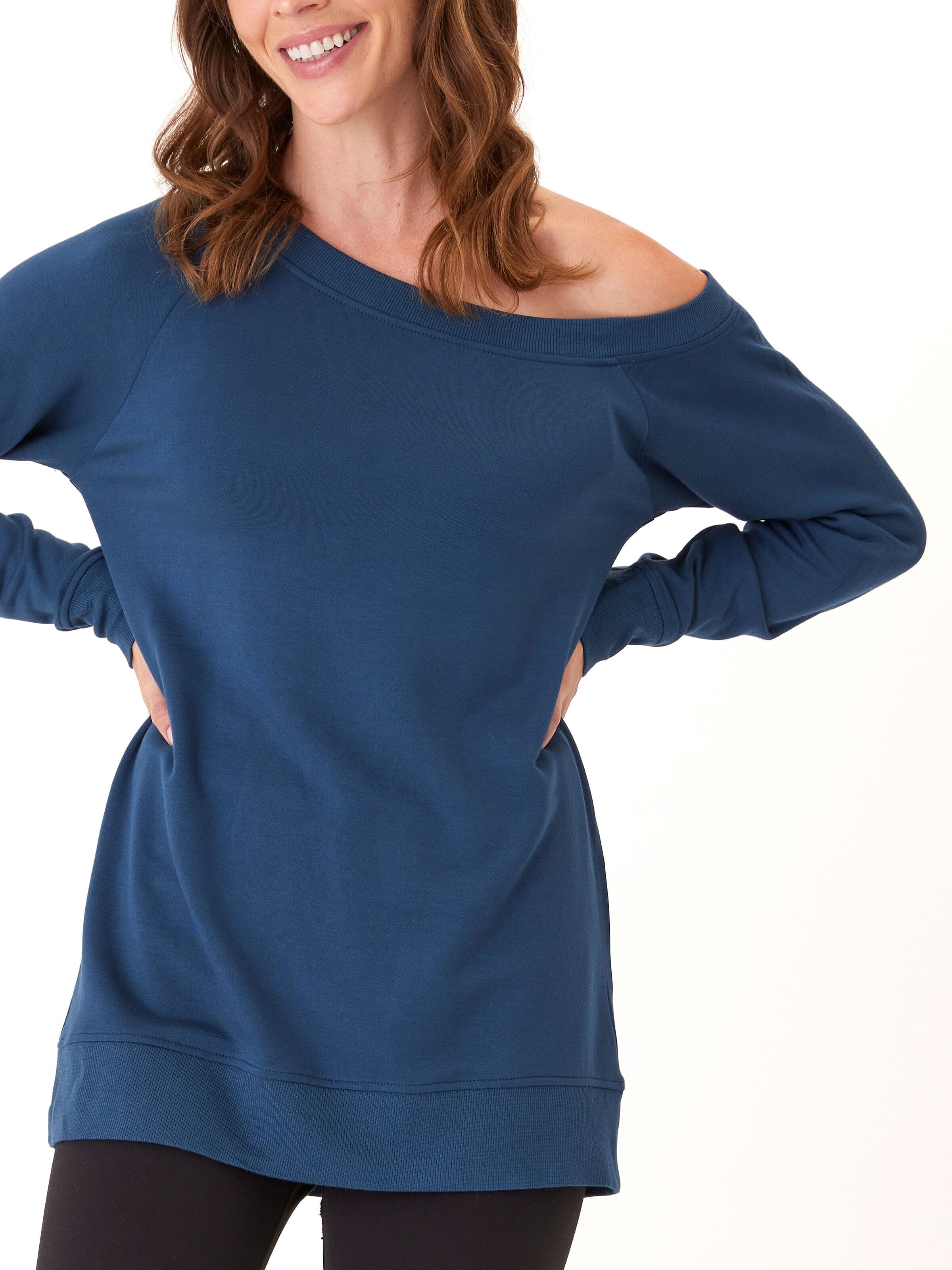 Blue Ohara Feather Fleece sweatshirt with a relaxed off-shoulder neckline.