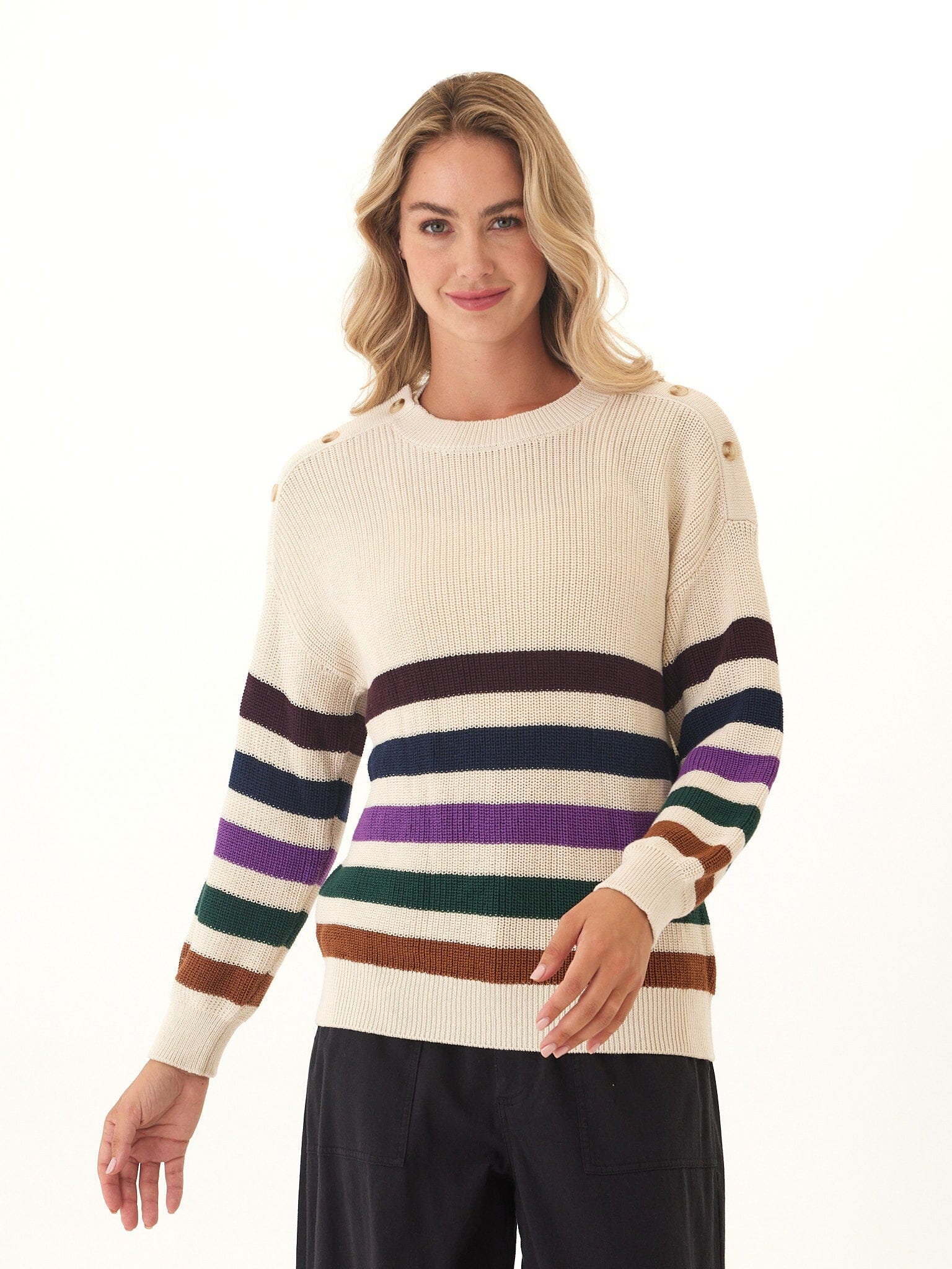 Simone Striped Button Detail Knit Sweater