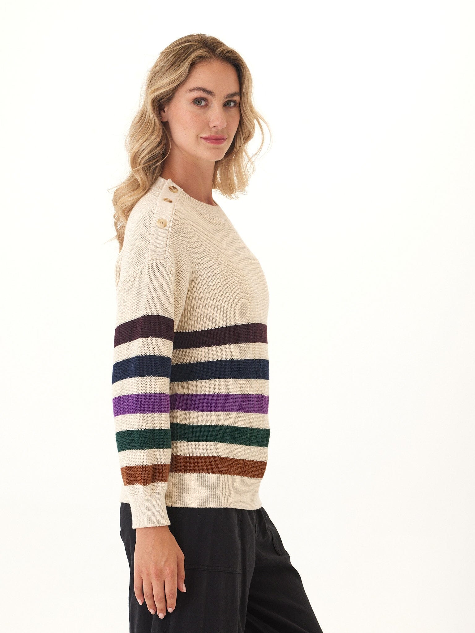 Simone Striped Button Detail Knit Sweater
