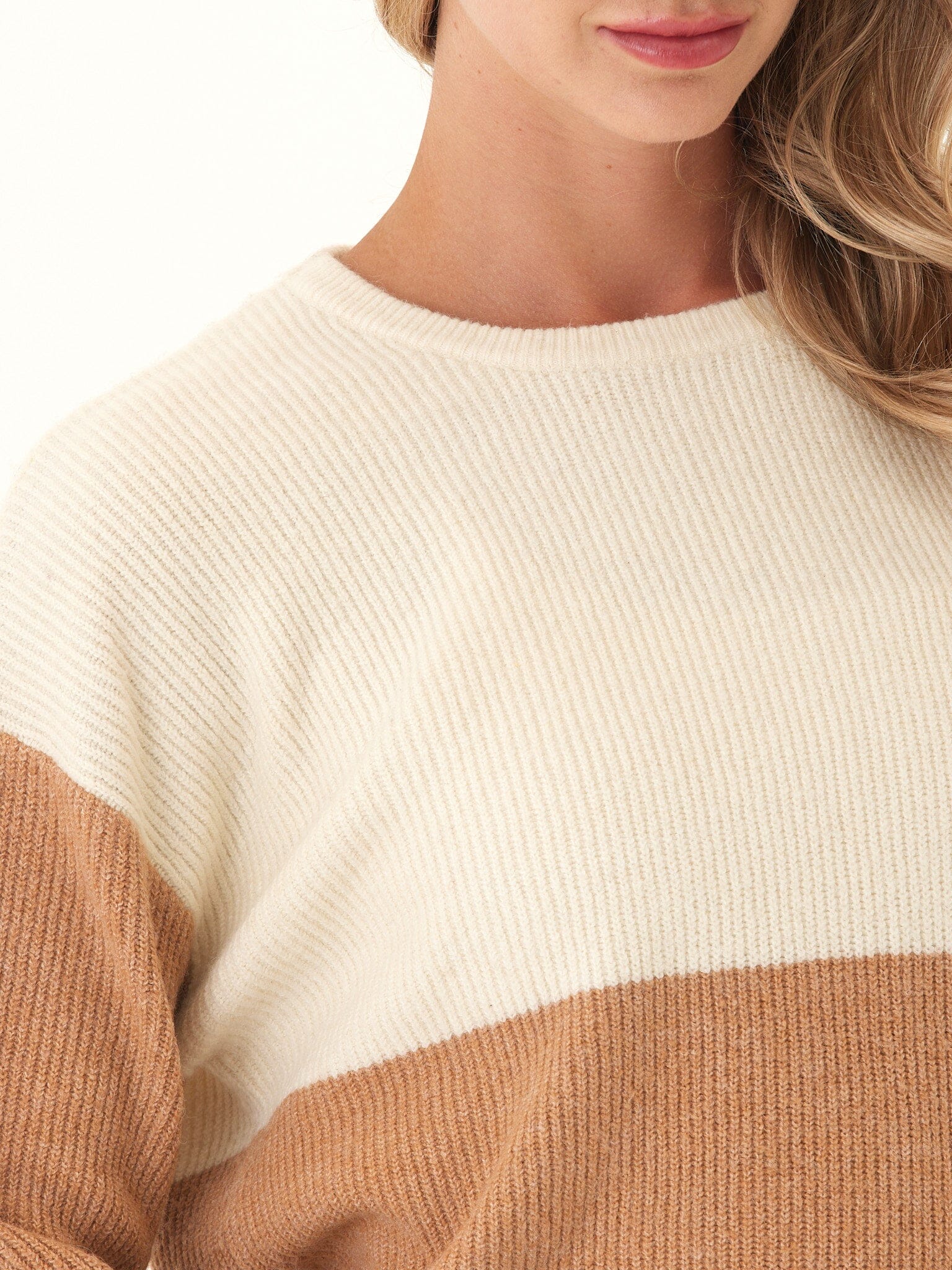 Beryl Striped Knit Sweater in Cream, Tan, and Dark Brown