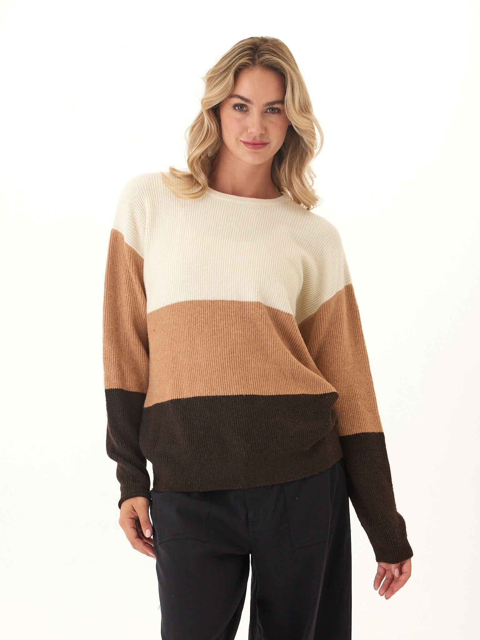 Beryl Striped Knit Sweater in Cream, Tan, and Dark Brown