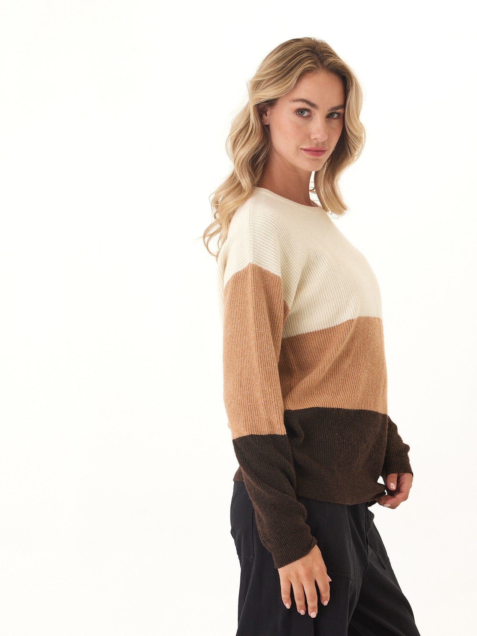 Beryl Striped Knit Sweater in Cream, Tan, and Dark Brown