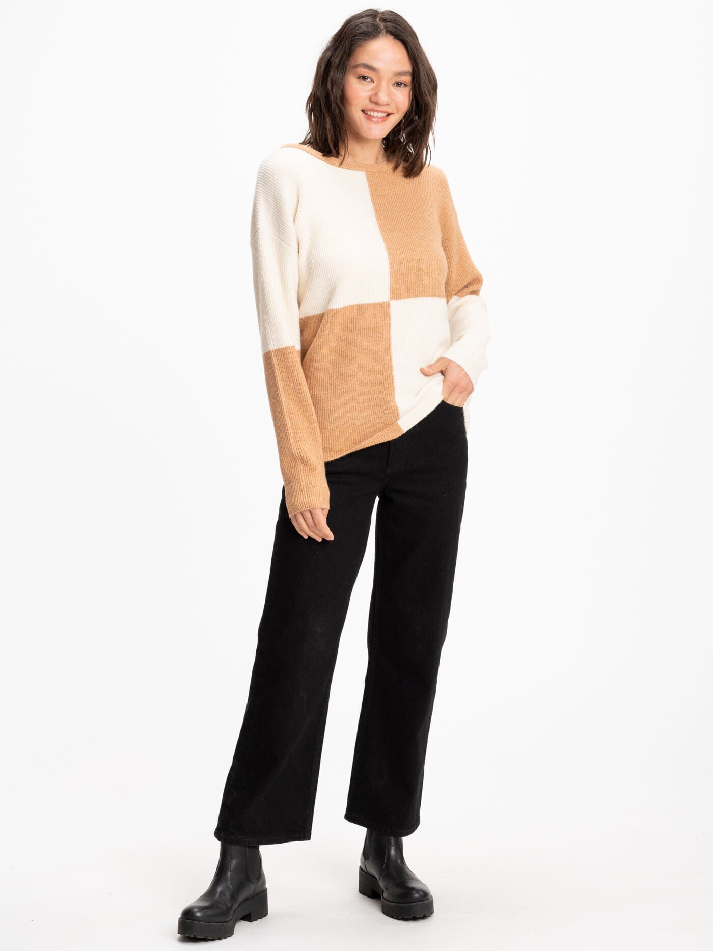 Beryl Colorblock Knit Sweater in Beige and Cream