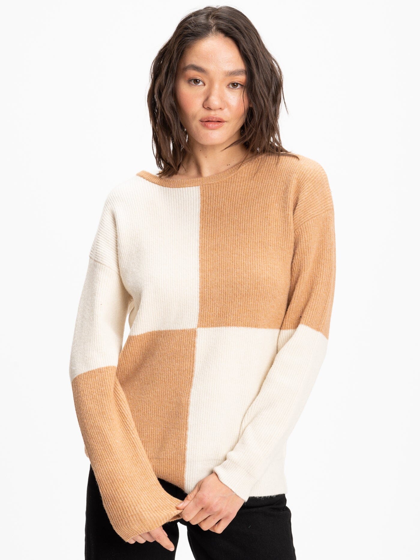Close up of Beryl colorblock knit sweater in beige and cream.