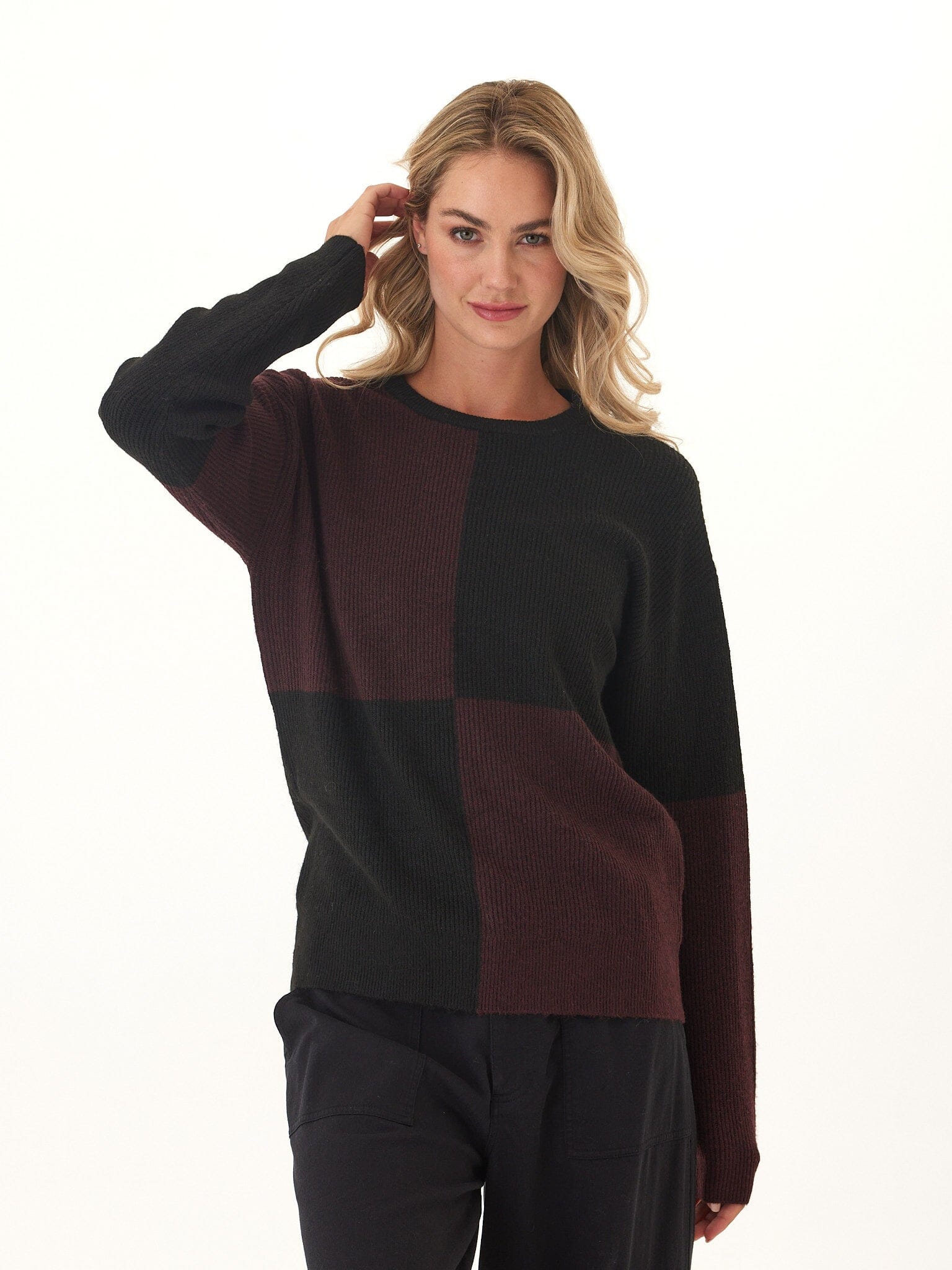 Beryl Colorblock Knit Sweater in Black and Burgundy