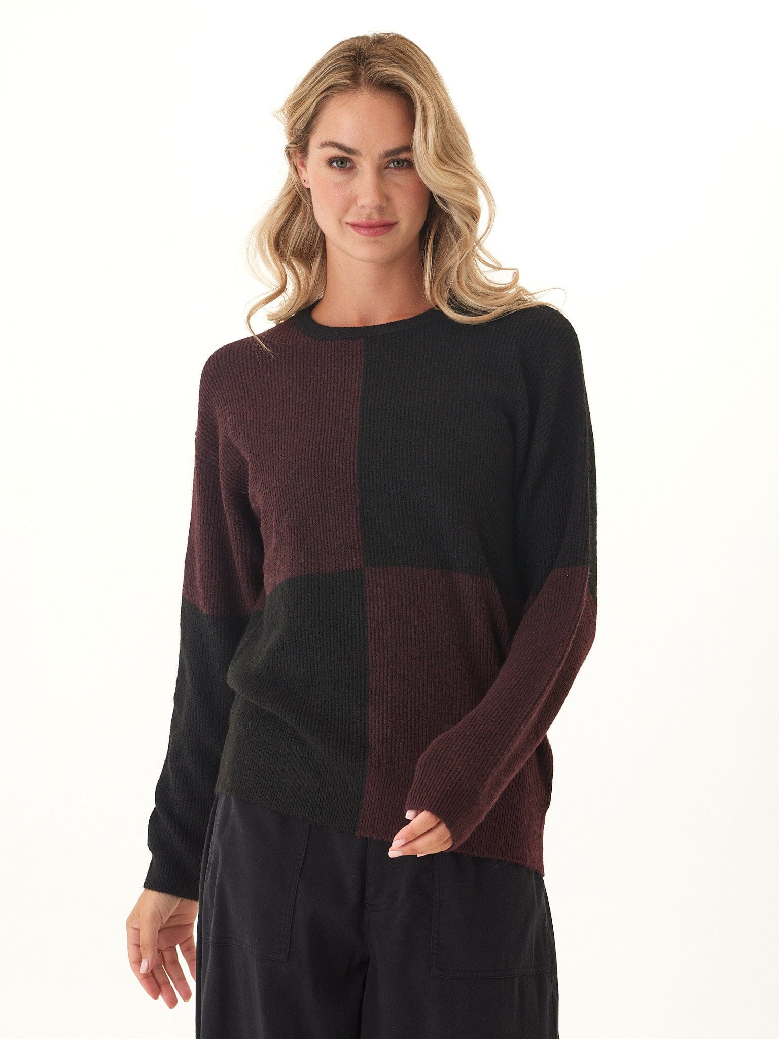 Beryl Colorblock Knit Sweater in Black and Burgundy