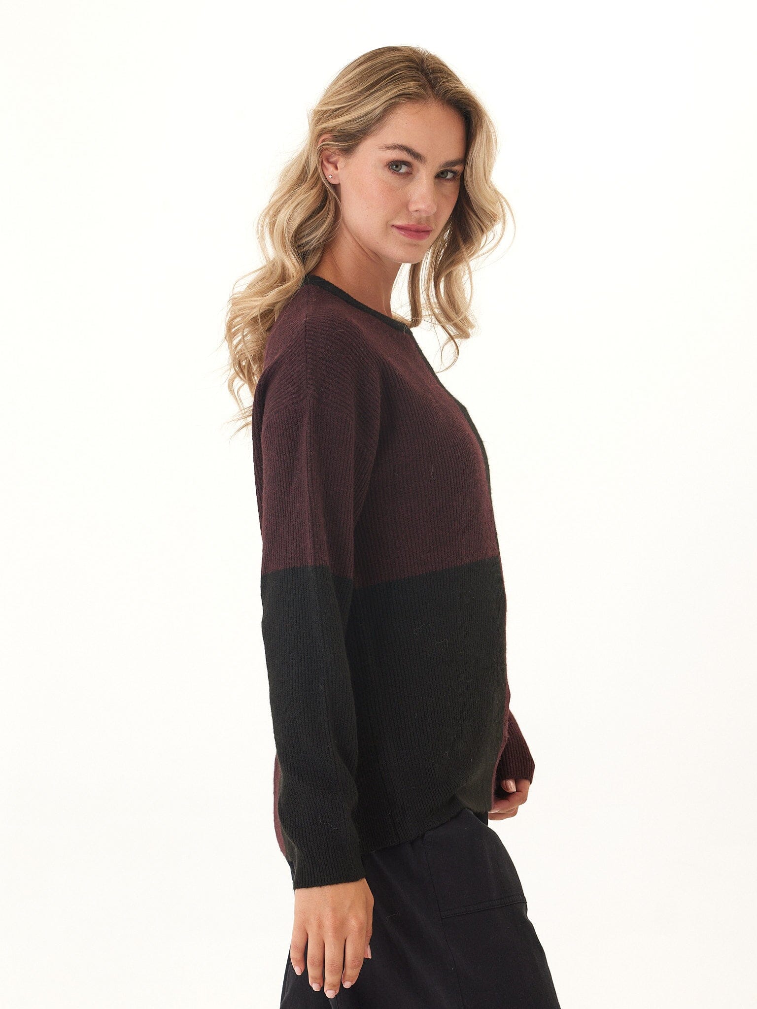 Beryl Colorblock Knit Sweater in Black and Burgundy