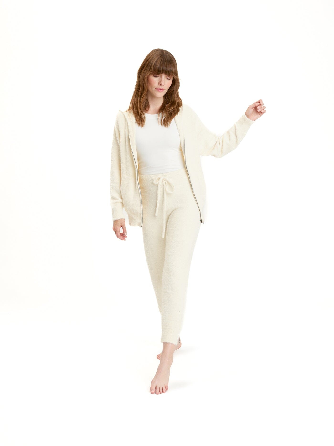Alyce Fuzzy Knit Hoodie - Women's Cream Zip-Up Loungewear Layer