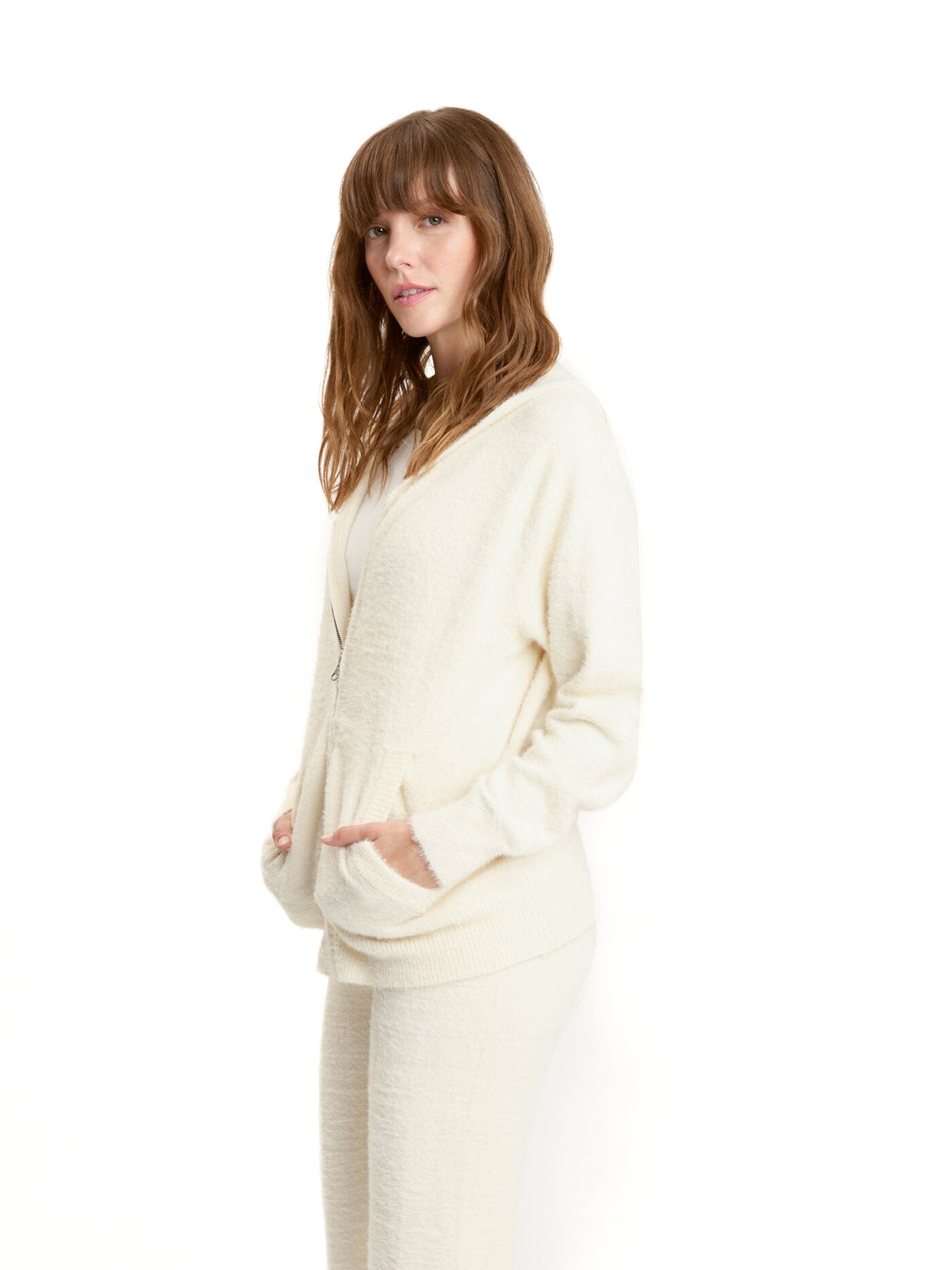 Alyce Fuzzy Knit Hoodie - Women's Cream Zip-Up Loungewear Layer