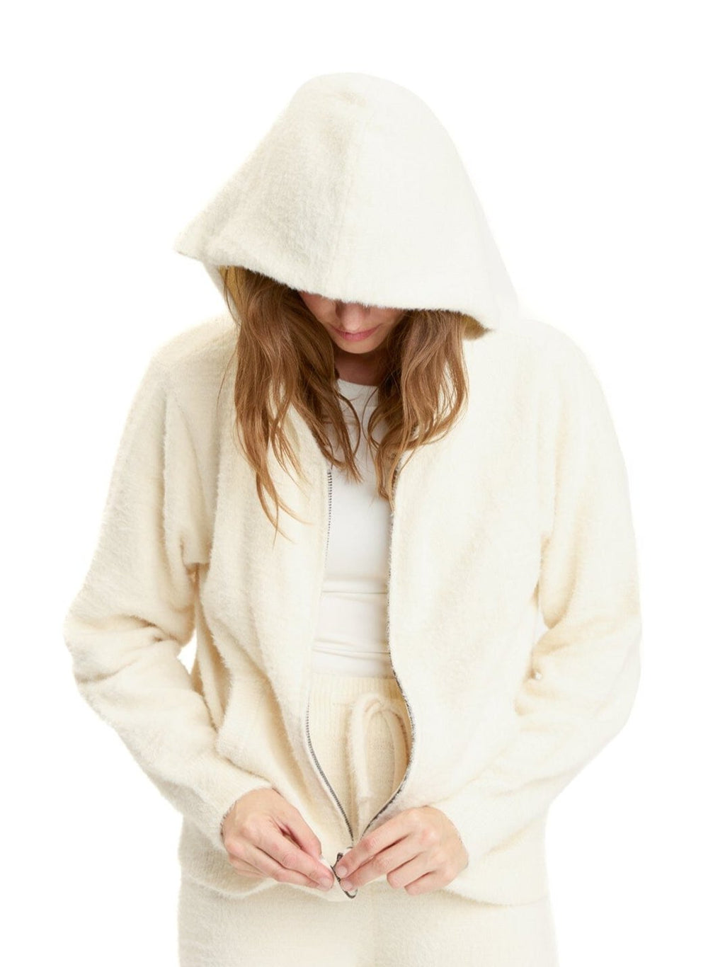 Alyce Fuzzy Knit Hoodie - Women's Cream Zip-Up Loungewear Layer