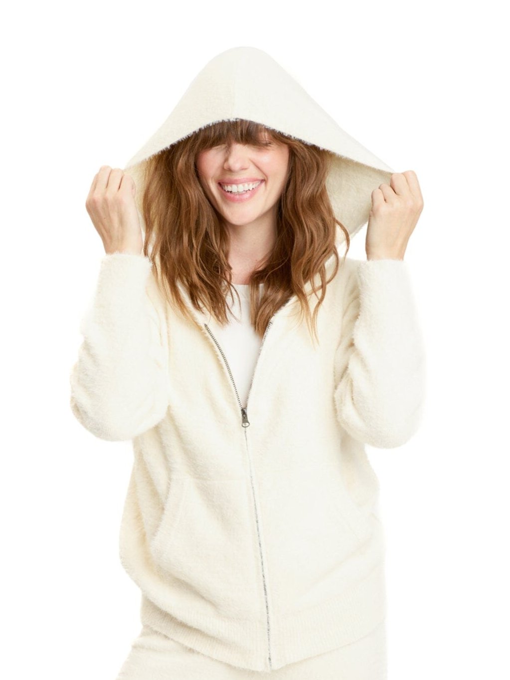 Alyce Fuzzy Knit Hoodie - Women's Cream Zip-Up Loungewear Layer