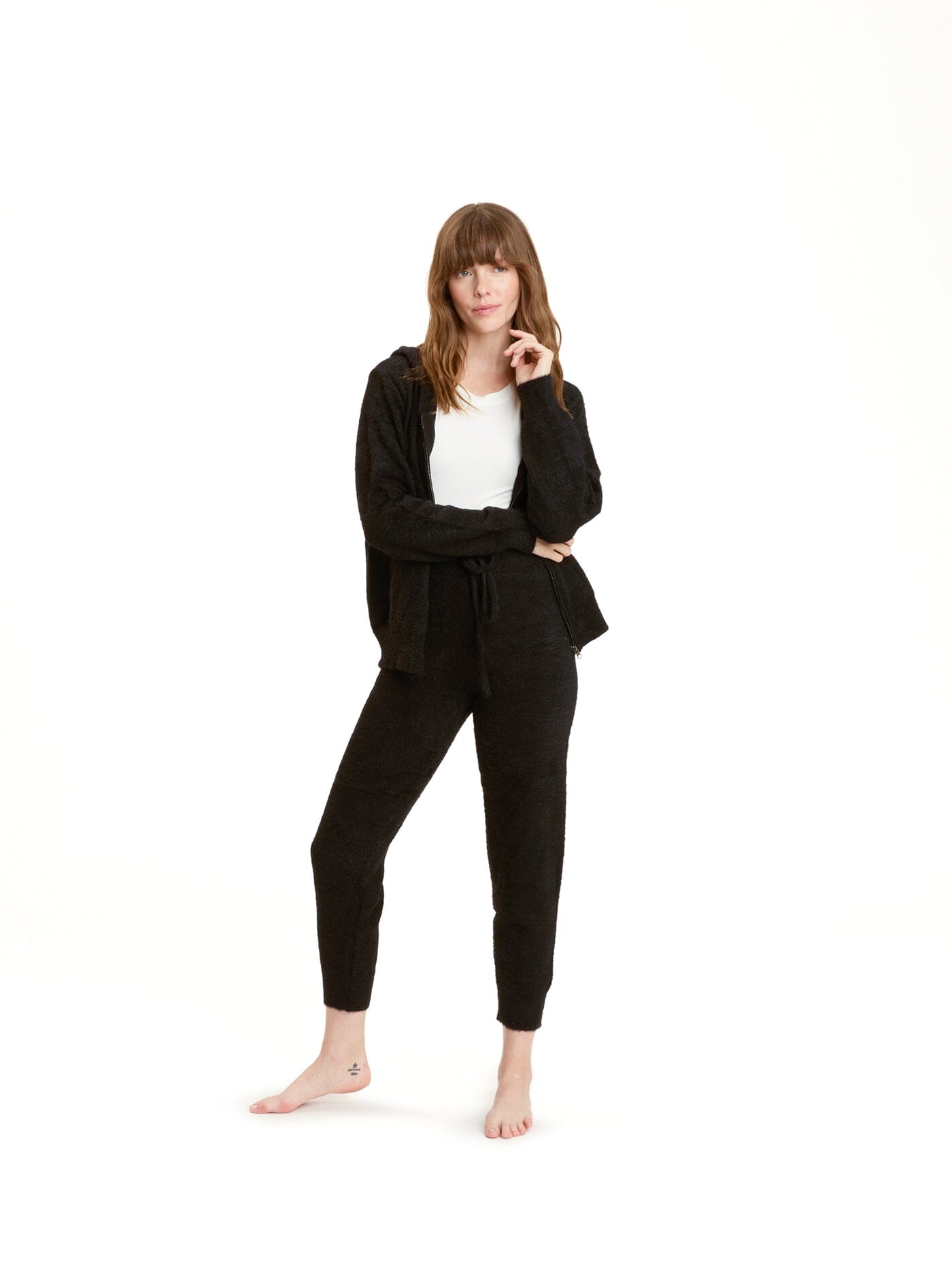 Alyce Fuzzy Knit Zip-Up Hoodie in Black
