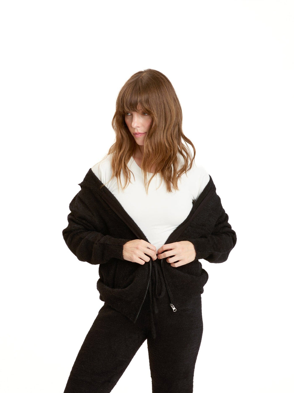 Alyce Fuzzy Knit Zip-Up Hoodie in Black