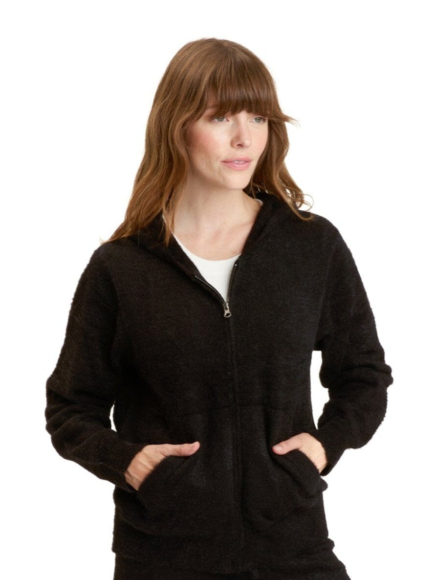Alyce Fuzzy Knit Zip-Up Hoodie in Black