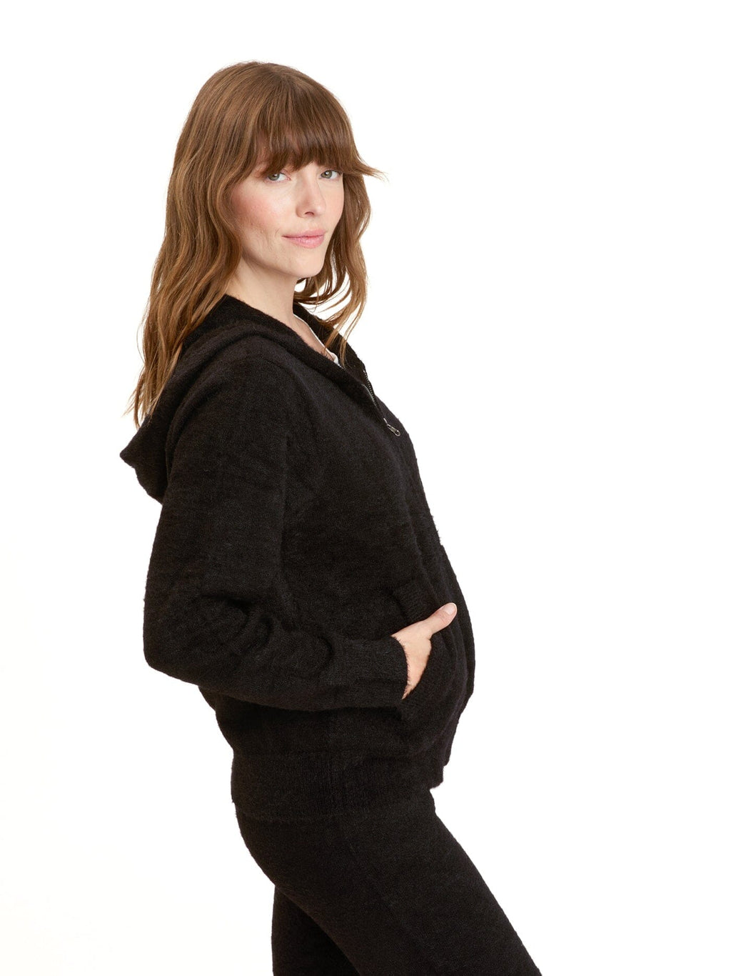 Alyce Fuzzy Knit Zip-Up Hoodie in Black