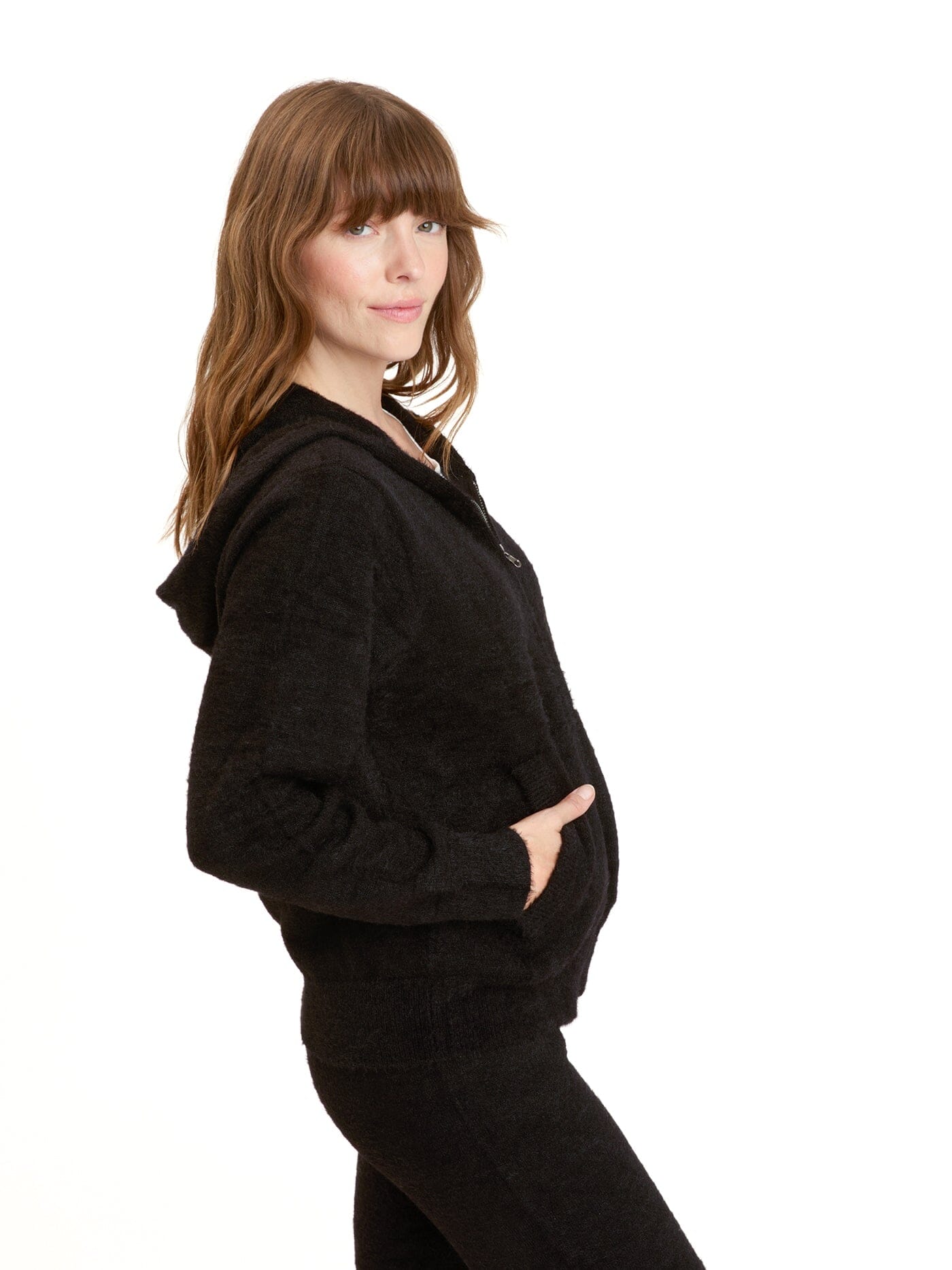Alyce Fuzzy Knit Zip-Up Hoodie in Black