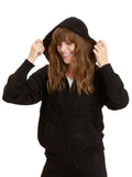 Women wearing a cozy black fuzzy knit zip-up hoodie in a relaxed loungewear style