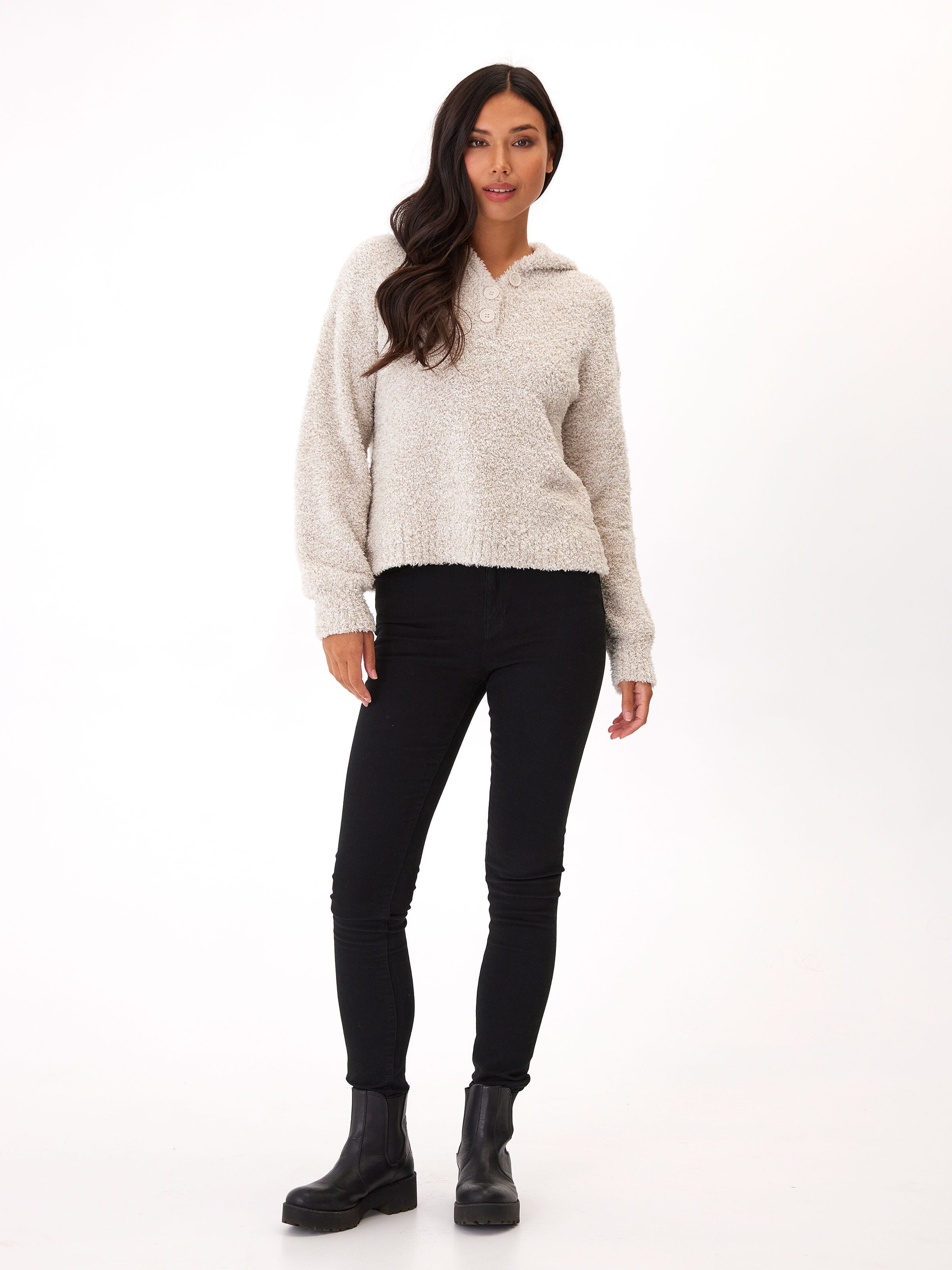 Tanisha Boucle Henley Hoodie in Beige and Cream