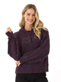 Close up of deep purple Tanisha Boucle Henley Hoodie showing button detail and hood