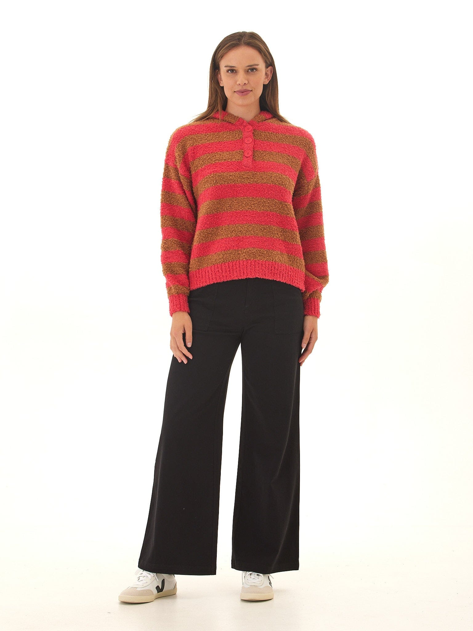 Tanisha Striped Boucle Henley Hoodie for Women - Cozy Knit Pullover