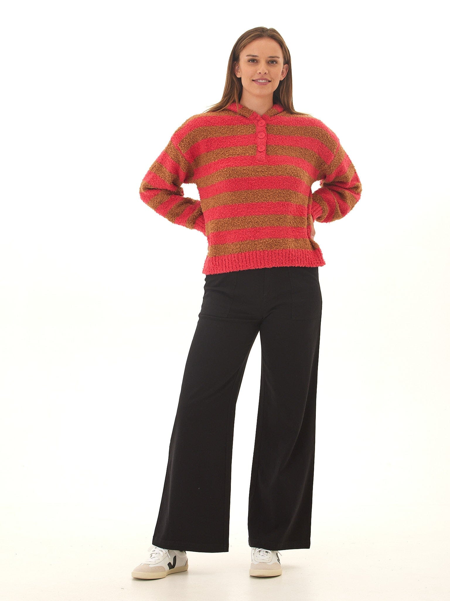 Tanisha Striped Boucle Henley Hoodie for Women - Cozy Knit Pullover