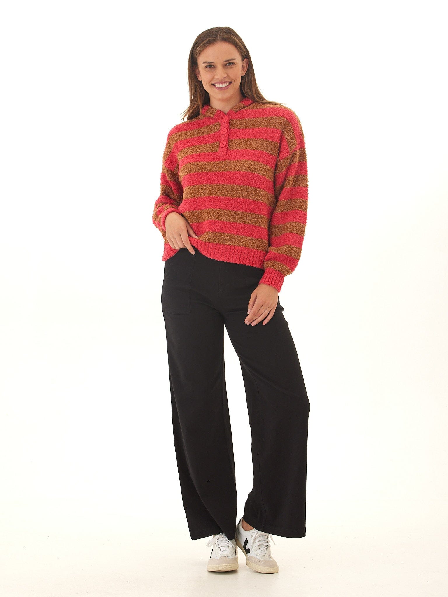 Tanisha Striped Boucle Henley Hoodie for Women - Cozy Knit Pullover