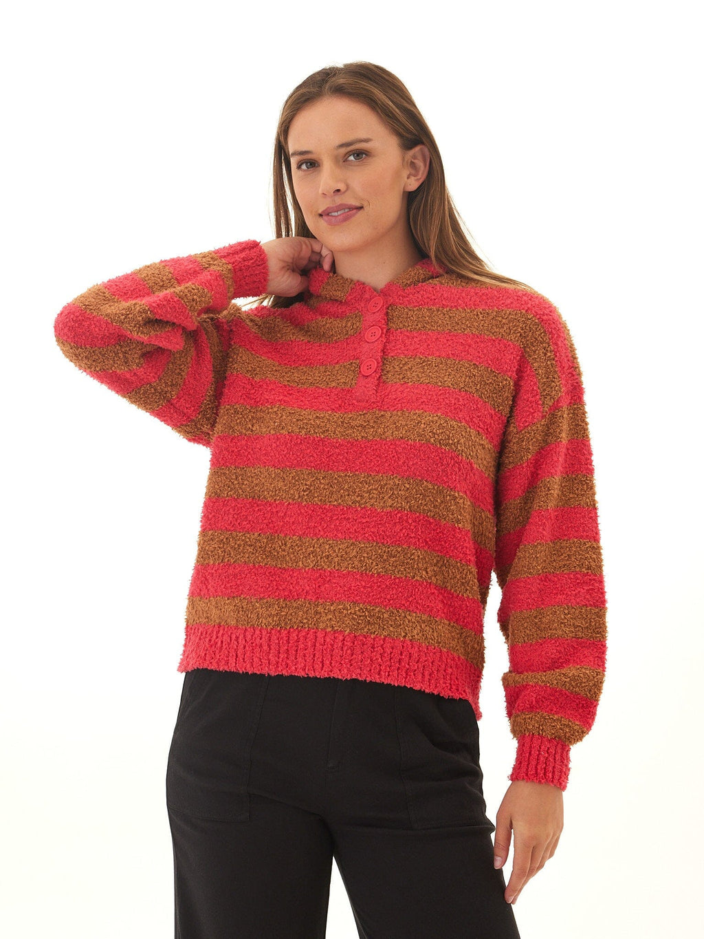 Tanisha Striped Boucle Henley Hoodie for Women - Cozy Knit Pullover