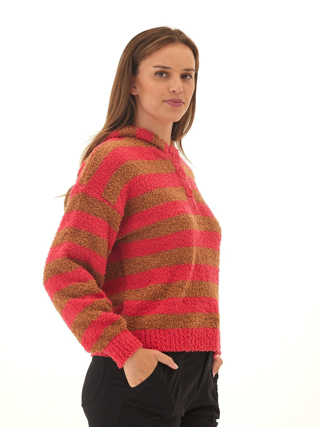 Tanisha Striped Boucle Henley Hoodie for Women - Cozy Knit Pullover