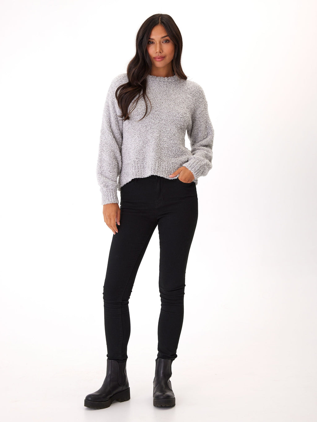 Naia Boucle Pullover in Grey - Relaxed Fit Long Sleeve Crewneck