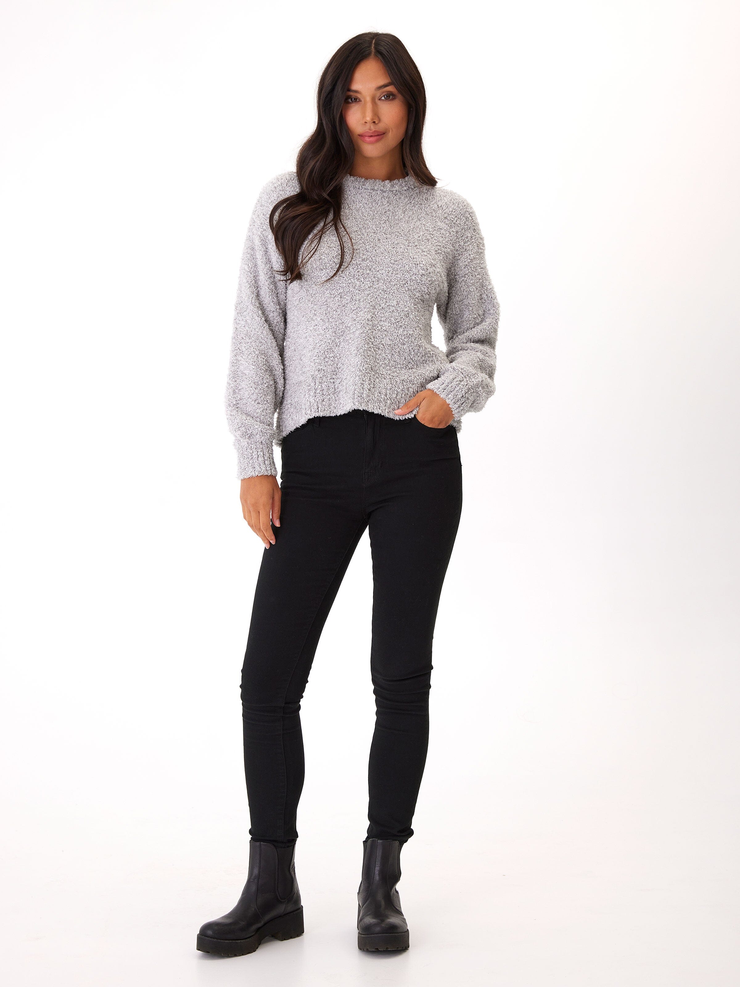 Naia Boucle Pullover in Grey - Relaxed Fit Long Sleeve Crewneck