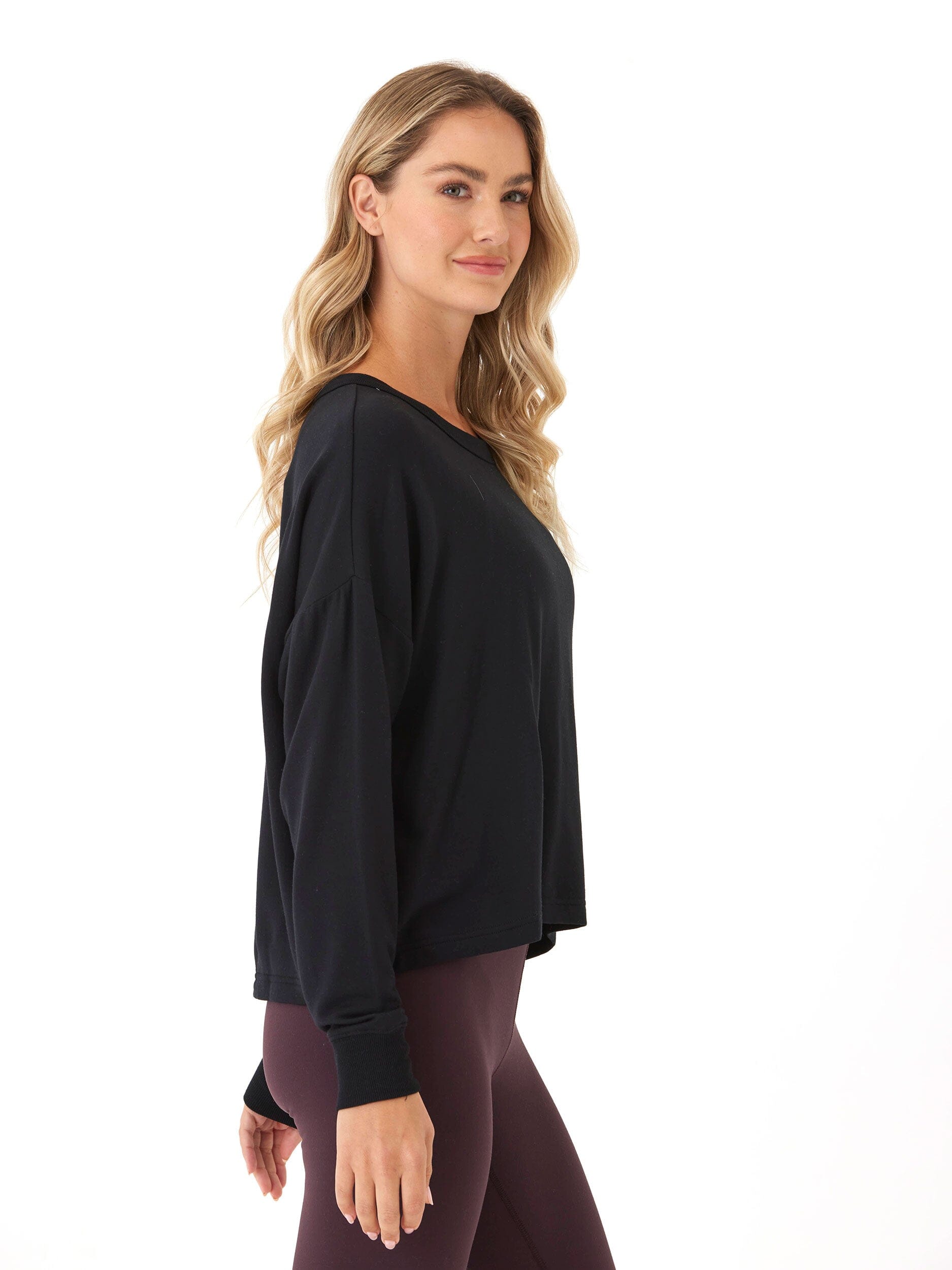 Feather Fleece Open Back Long Sleeve Relaxed Fit Top