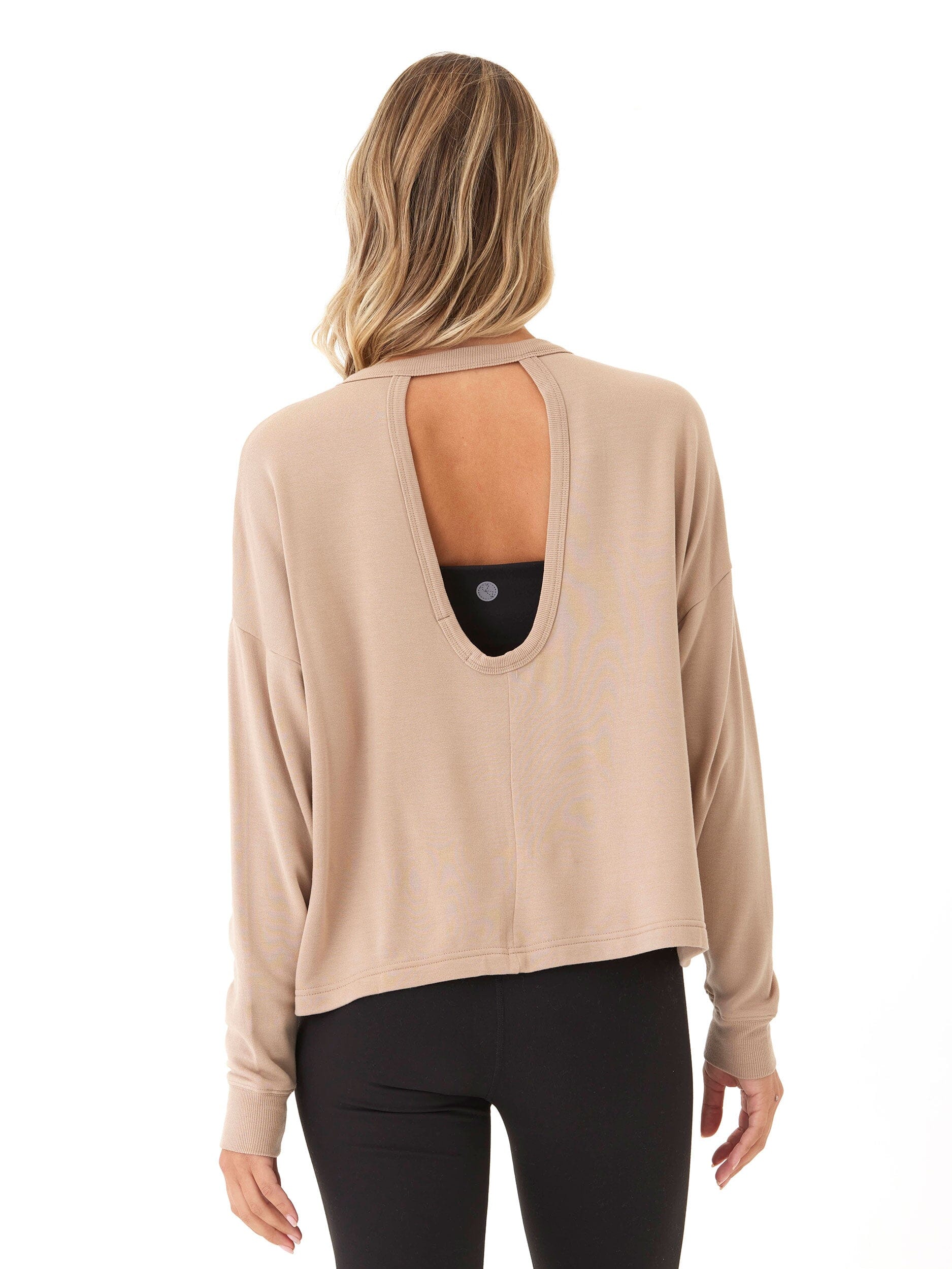 Feather Fleece Open Back Long Sleeve Relaxed Fit Top