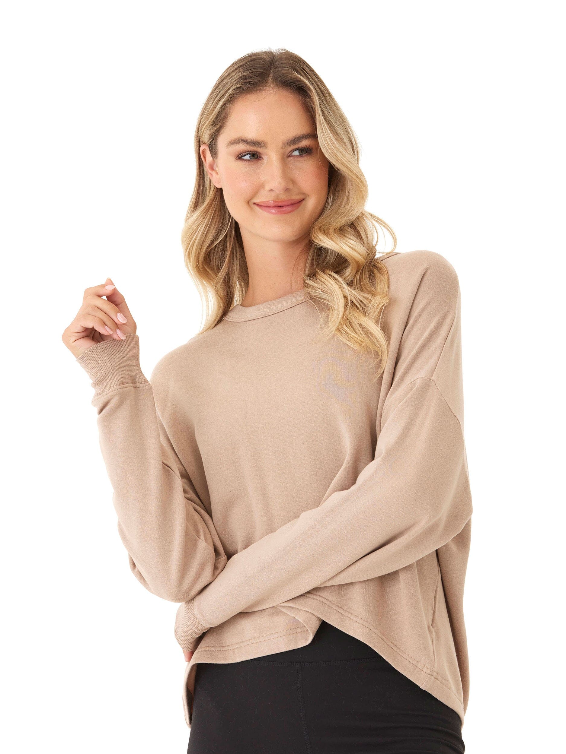 Feather Fleece Open Back Long Sleeve Relaxed Fit Top