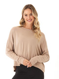 Back view of Raylin Feather Fleece top showing elegant open back detail