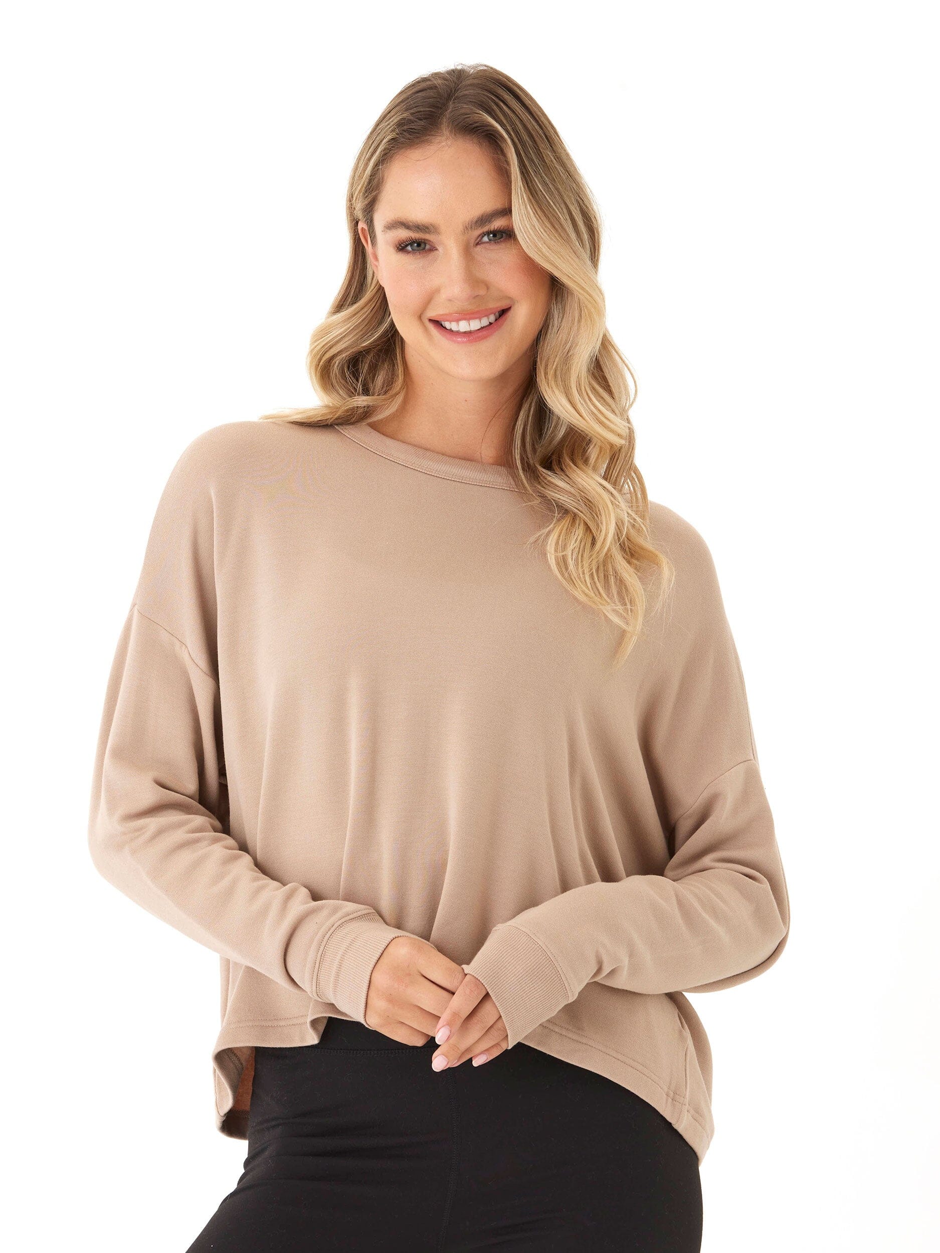 Back view of Raylin Feather Fleece top showing elegant open back detail