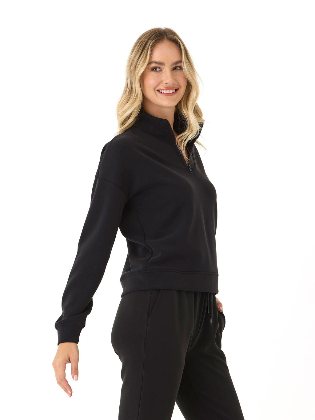 Drea Sueded Modal 1/4-Zip Jacket in Black - Minimalist Athleisure