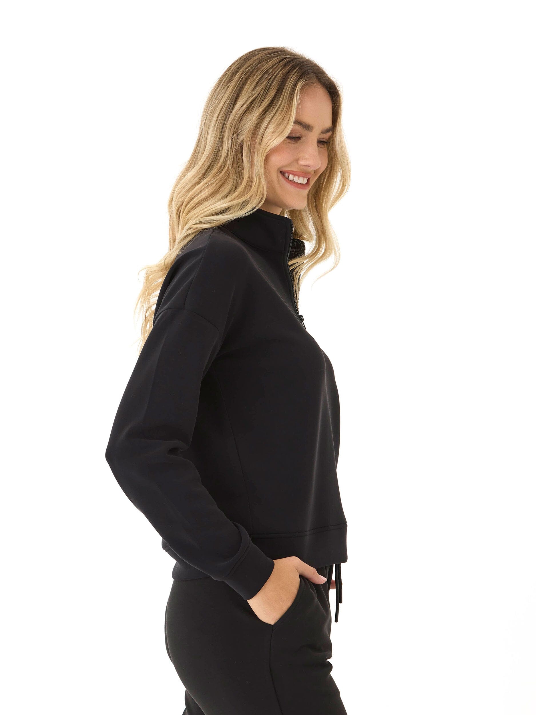 Drea Sueded Modal 1/4-Zip Jacket in Black - Minimalist Athleisure