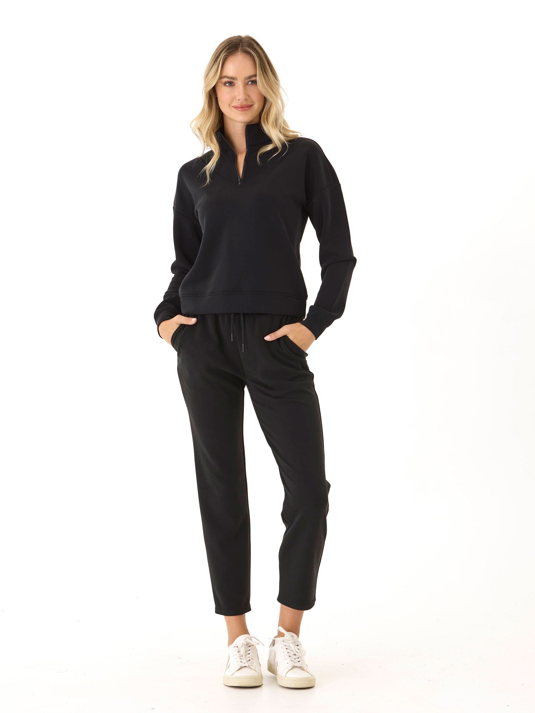 Drea Sueded Modal 1/4-Zip Jacket in Black - Minimalist Athleisure