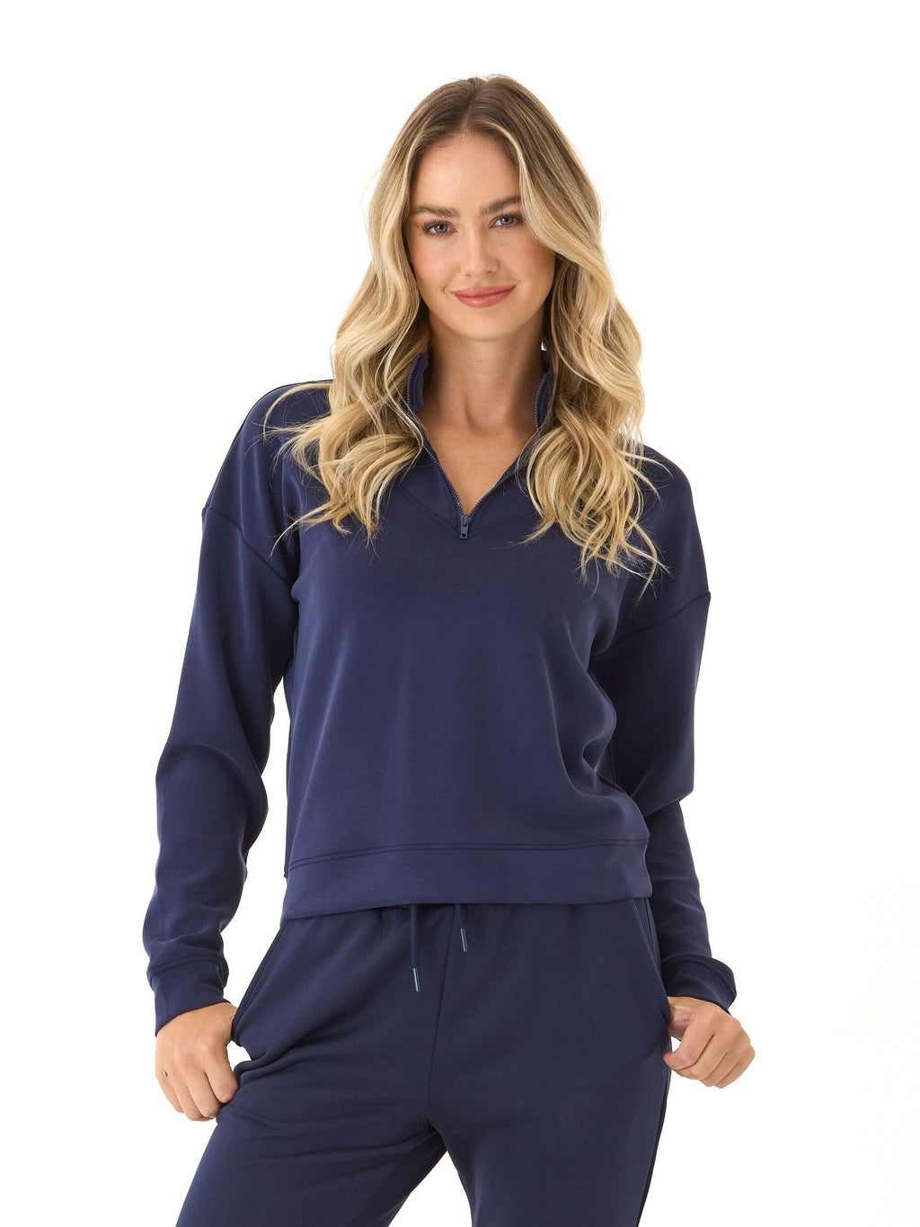 Drea Sueded Modal 1/4-Zip Jacket in Navy Blue - Minimalist Athleisure