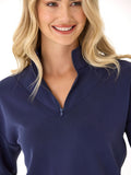 Woman wearing a navy blue Drea Sueded Modal 1/4-Zip Jacket, front view