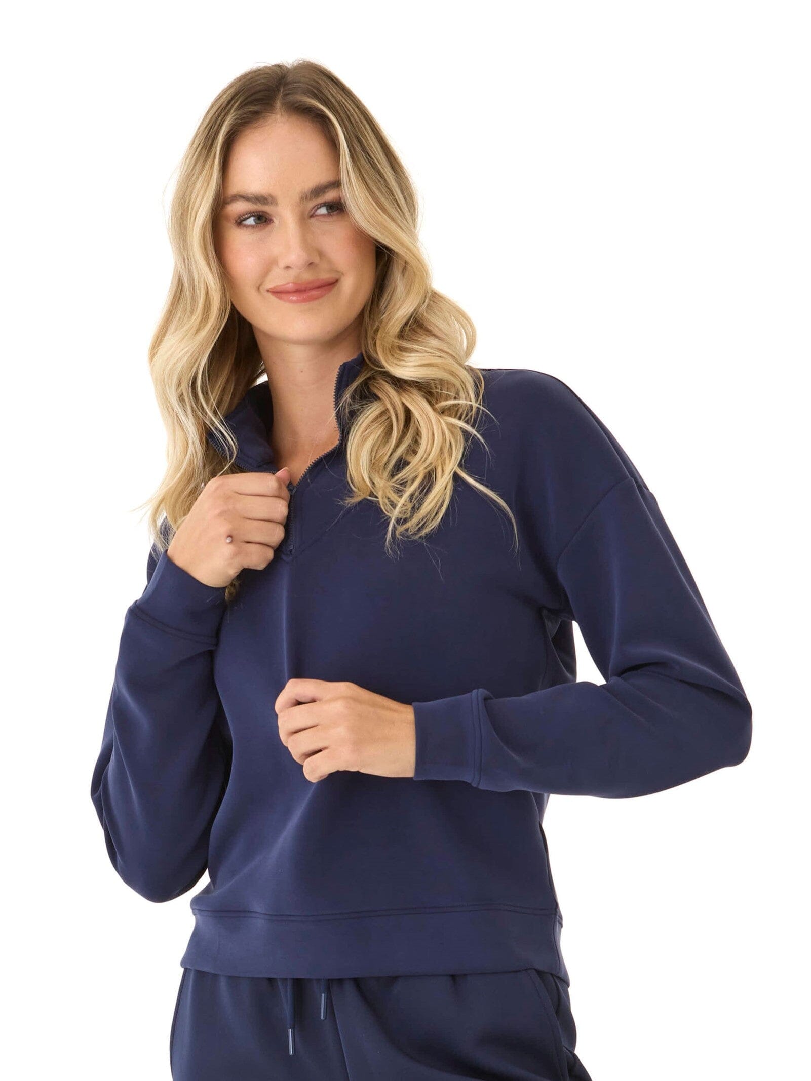 Drea Sueded Modal 1/4-Zip Jacket in Navy Blue - Minimalist Athleisure