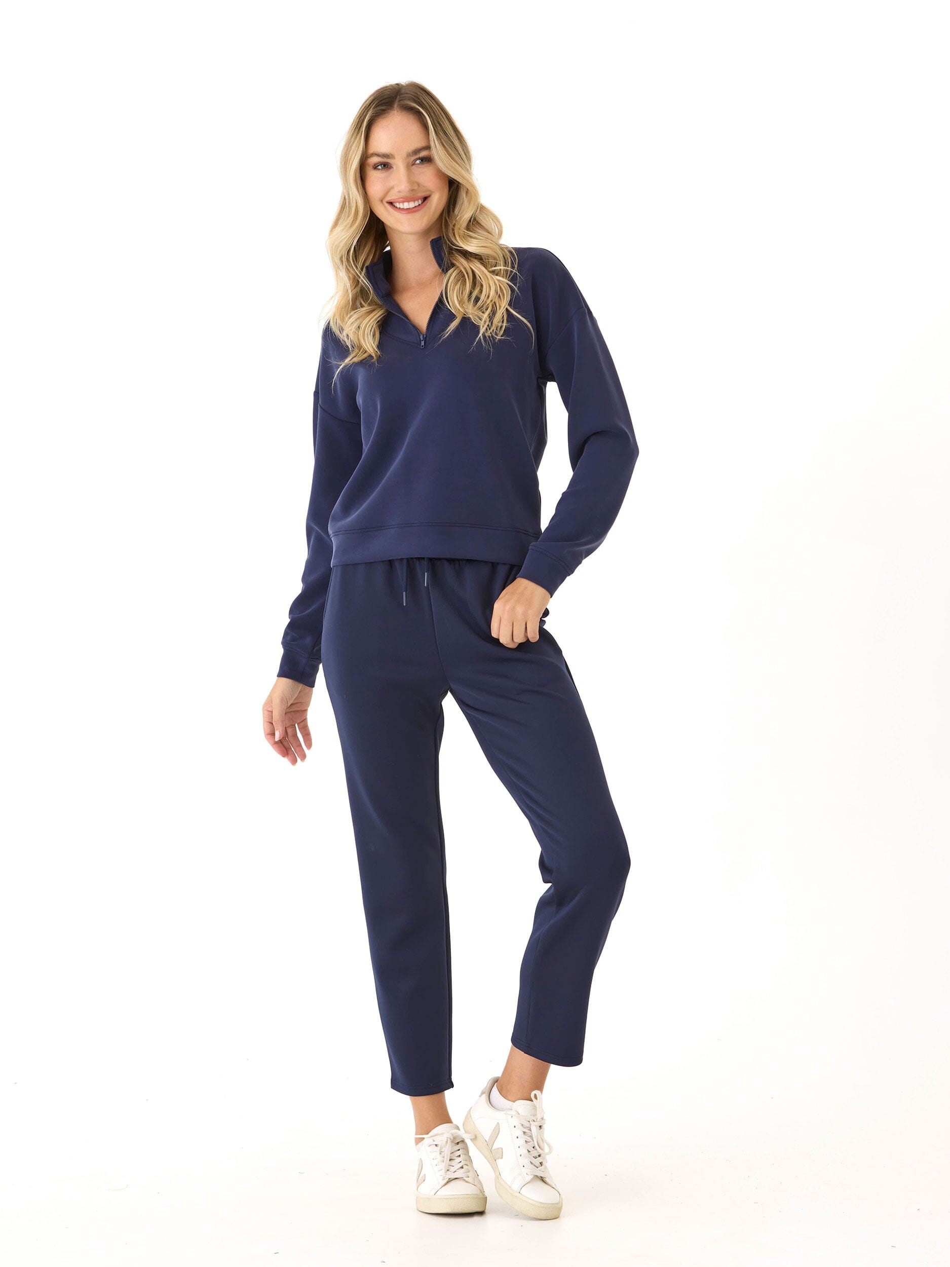 Drea Sueded Modal 1/4-Zip Jacket in Navy Blue - Minimalist Athleisure