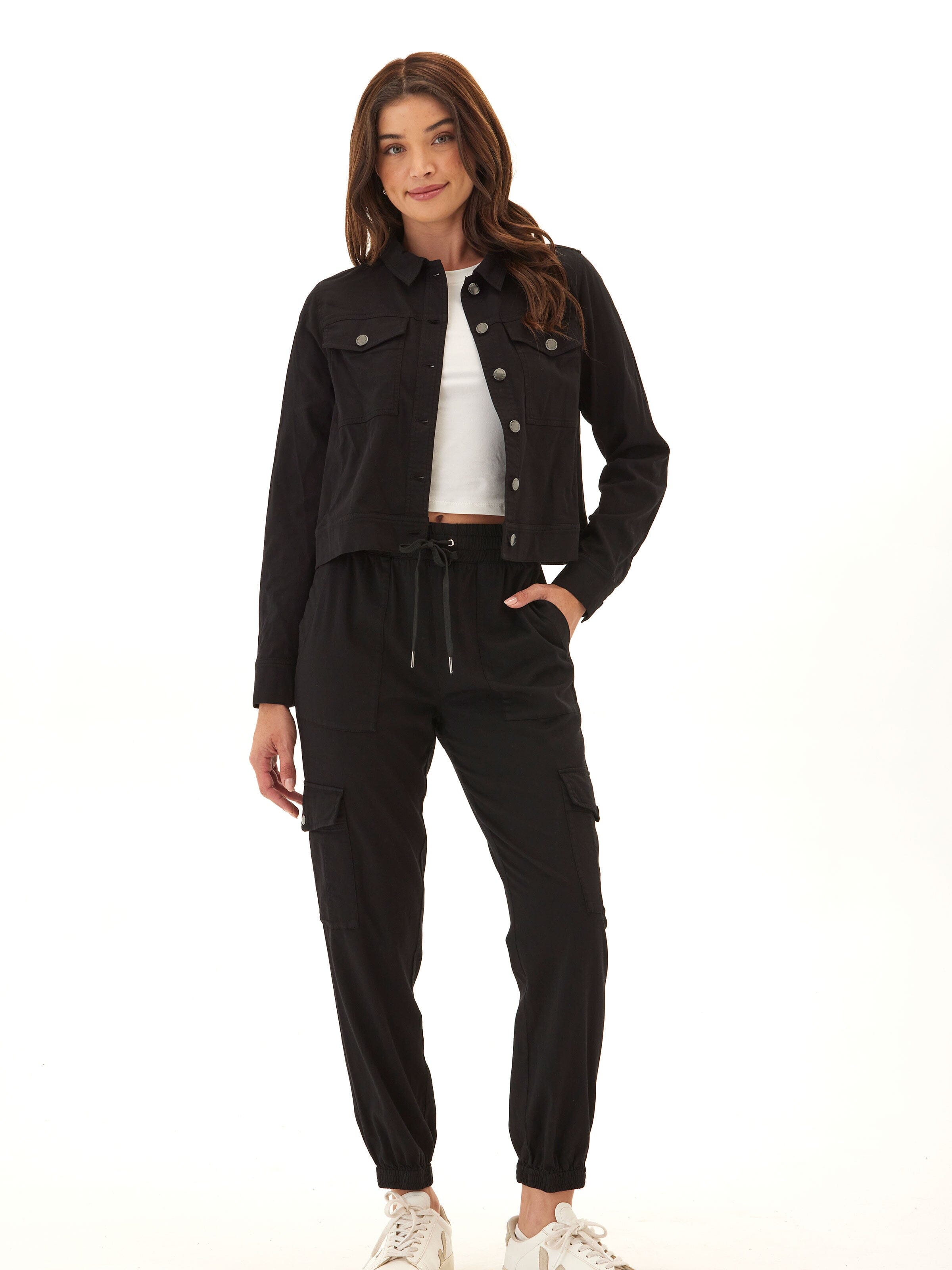 Abbey Stretch Twill Jacket - Relaxed Fit Cropped Black Outerwear