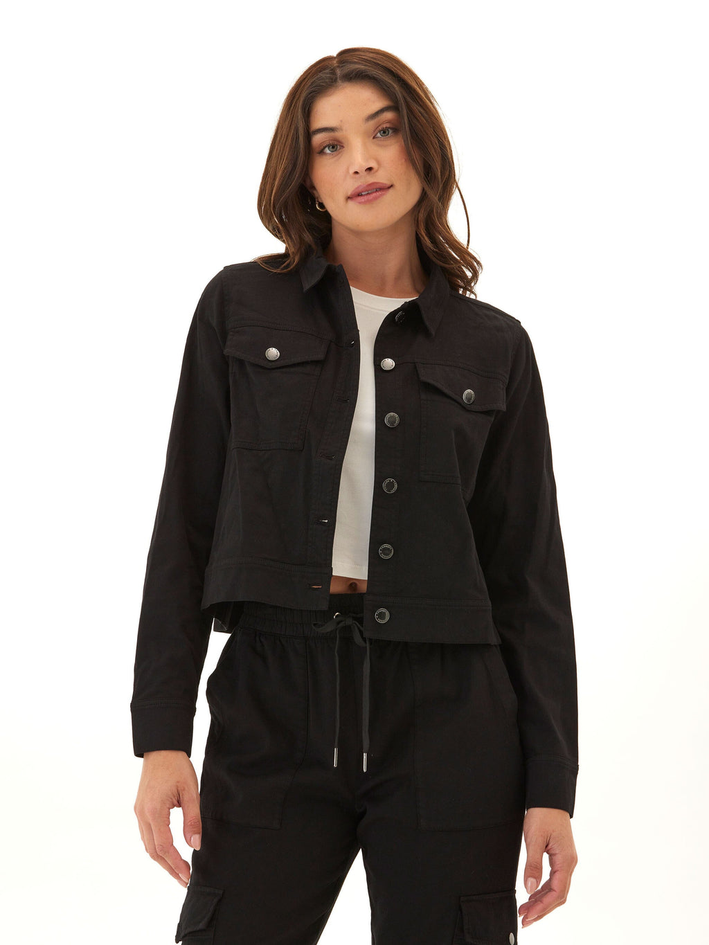 Abbey Stretch Twill Jacket - Relaxed Fit Cropped Black Outerwear
