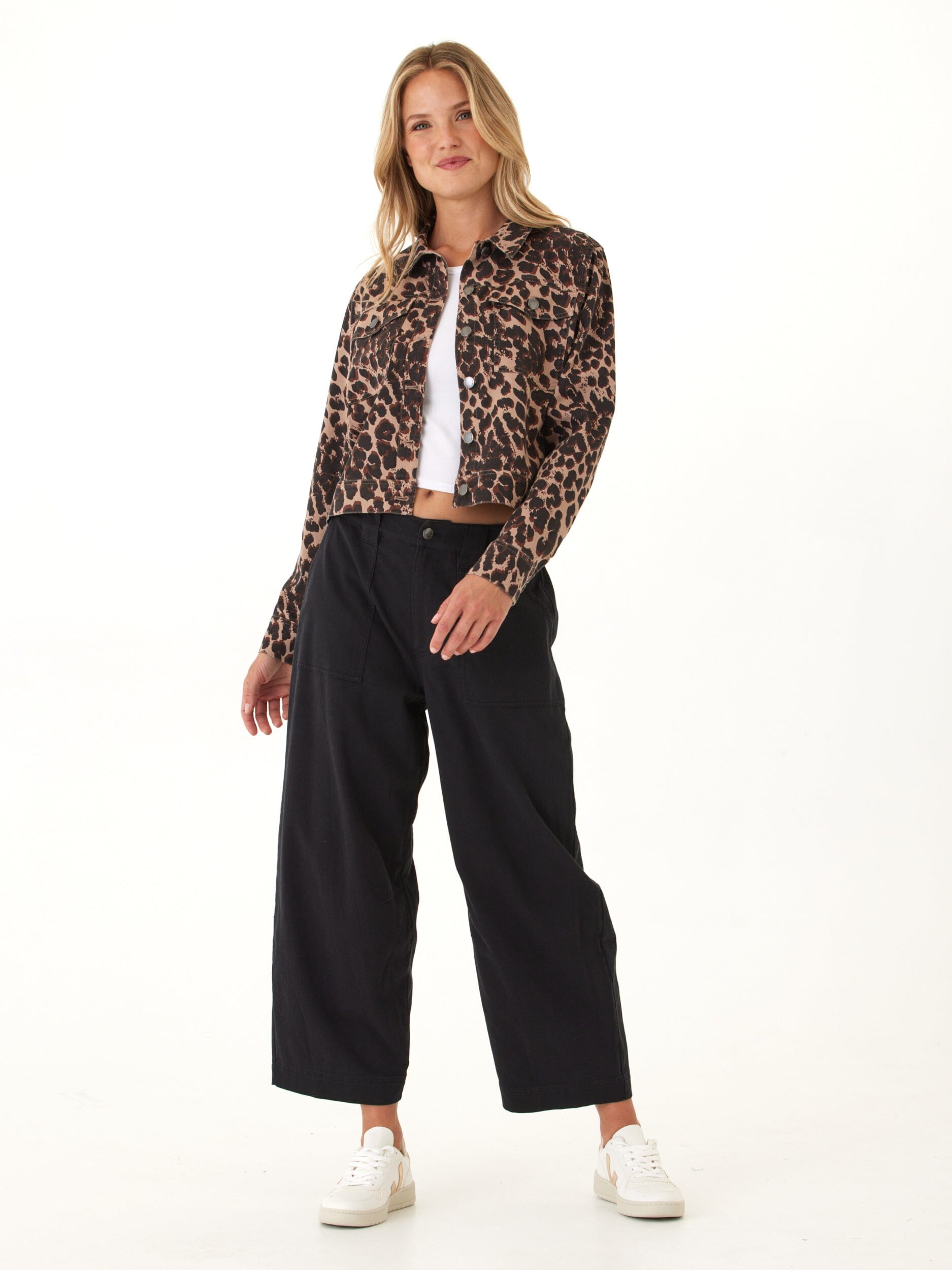 Abbey Stretch Twill Jacket - Cropped Animal Print Button Down