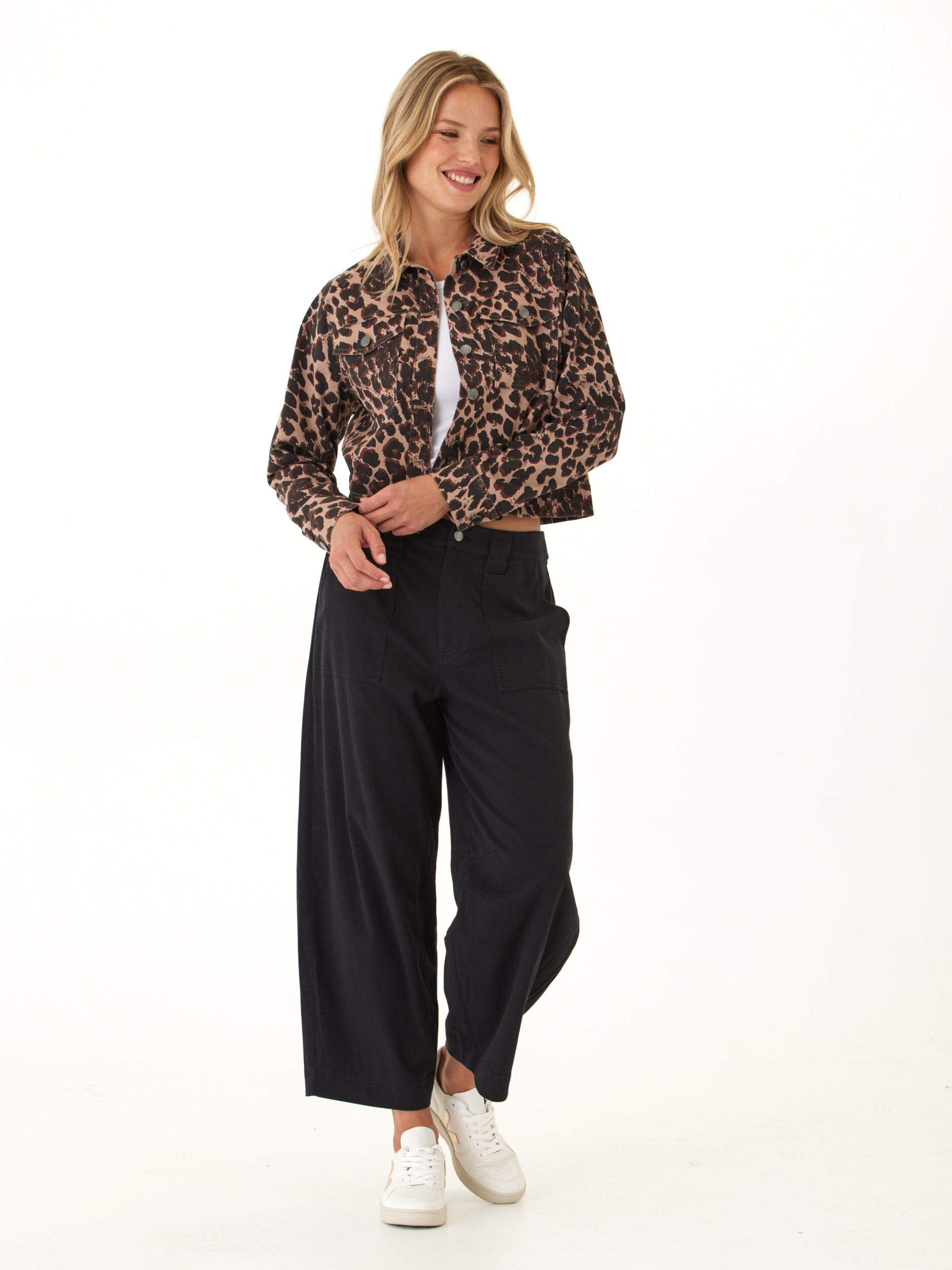Abbey Stretch Twill Jacket - Cropped Animal Print Button Down