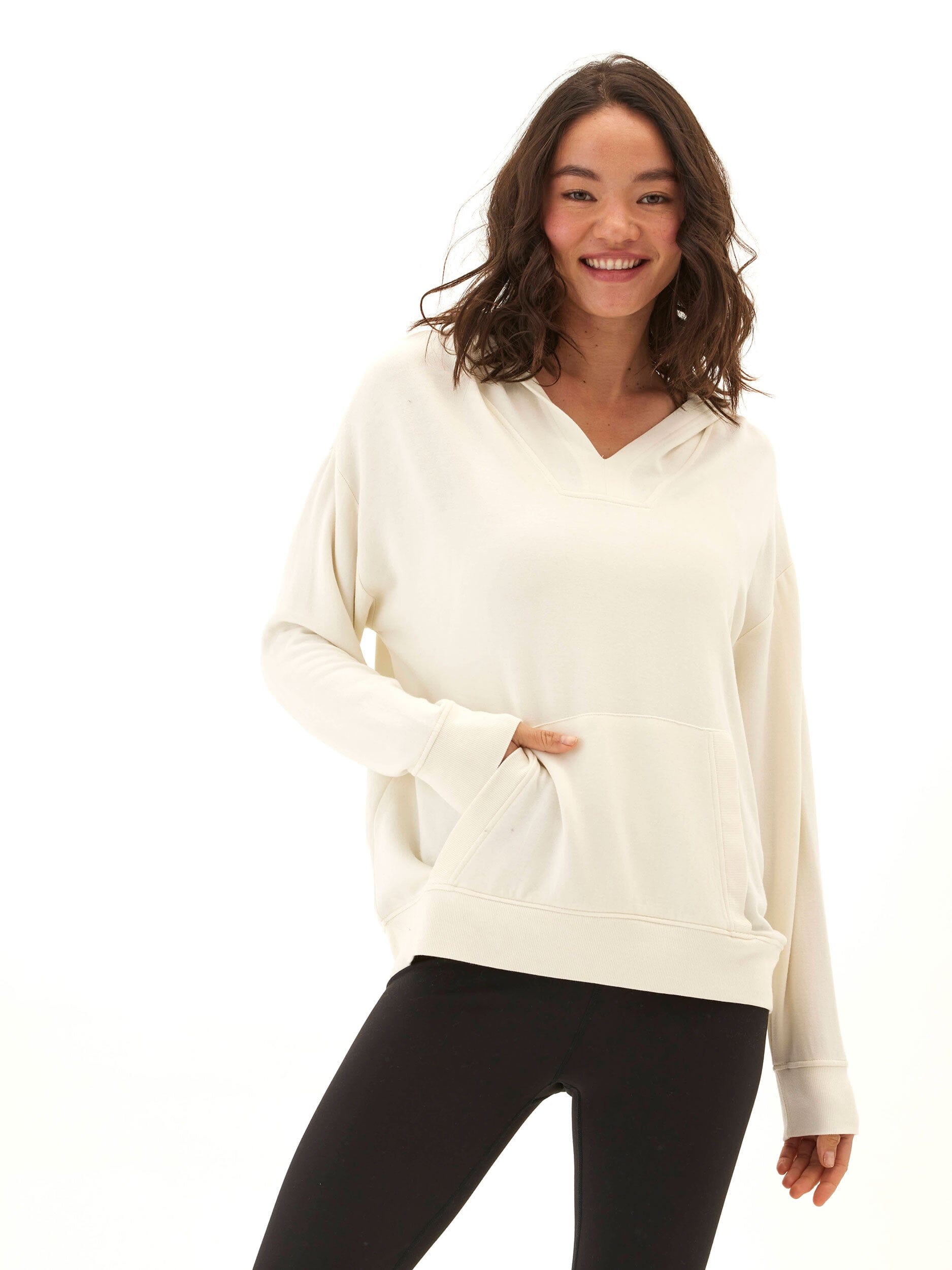 Raya Feather Fleece Pullover Hoodie with V-neck detail in an oversized fit