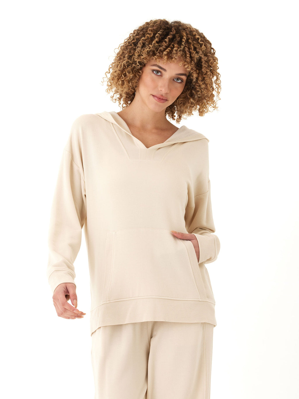Raya Feather Fleece Pullover Hoodie for Women in Beige and Cream