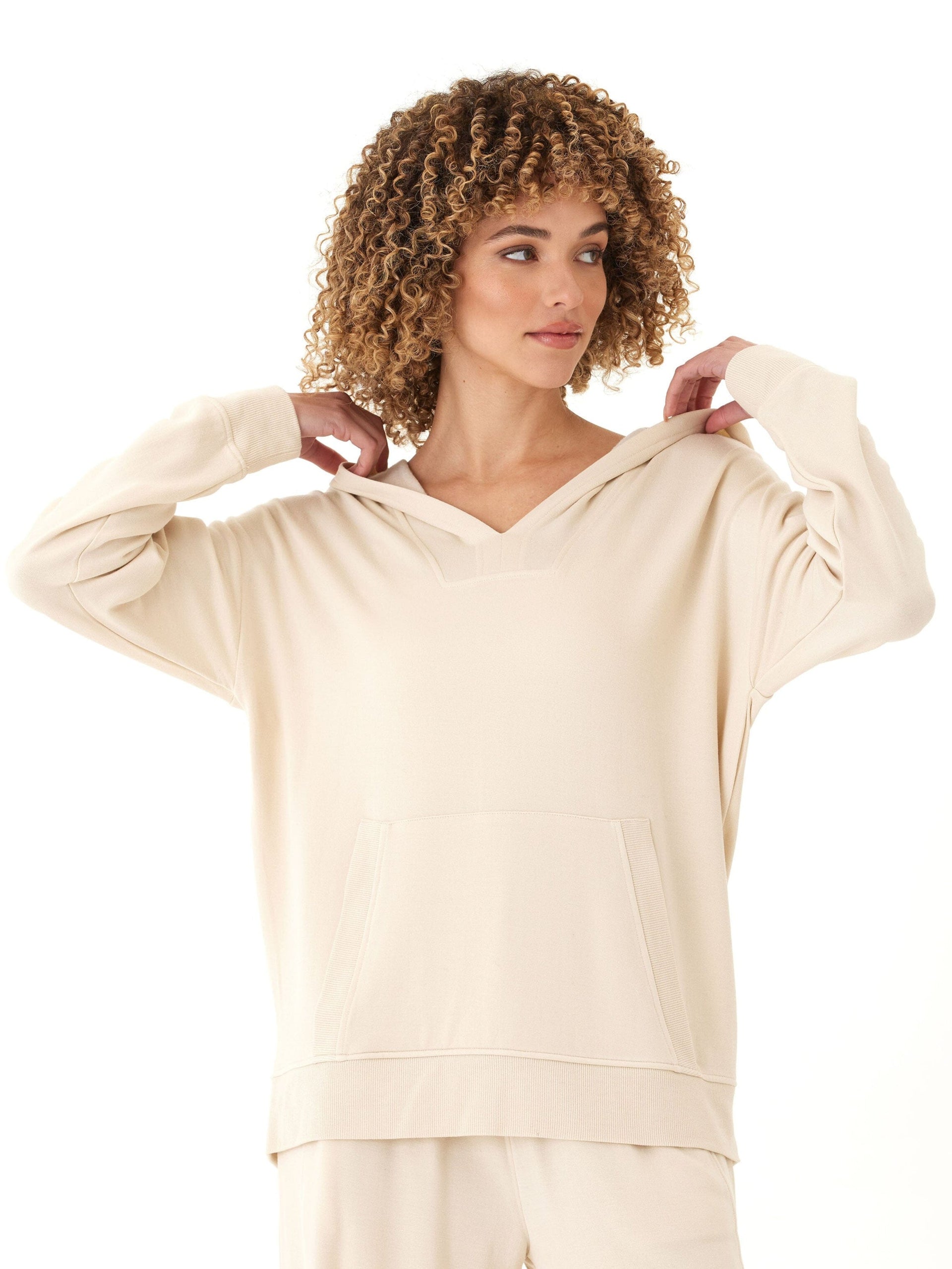 Raya Feather Fleece Pullover Hoodie for Women in Beige and Cream
